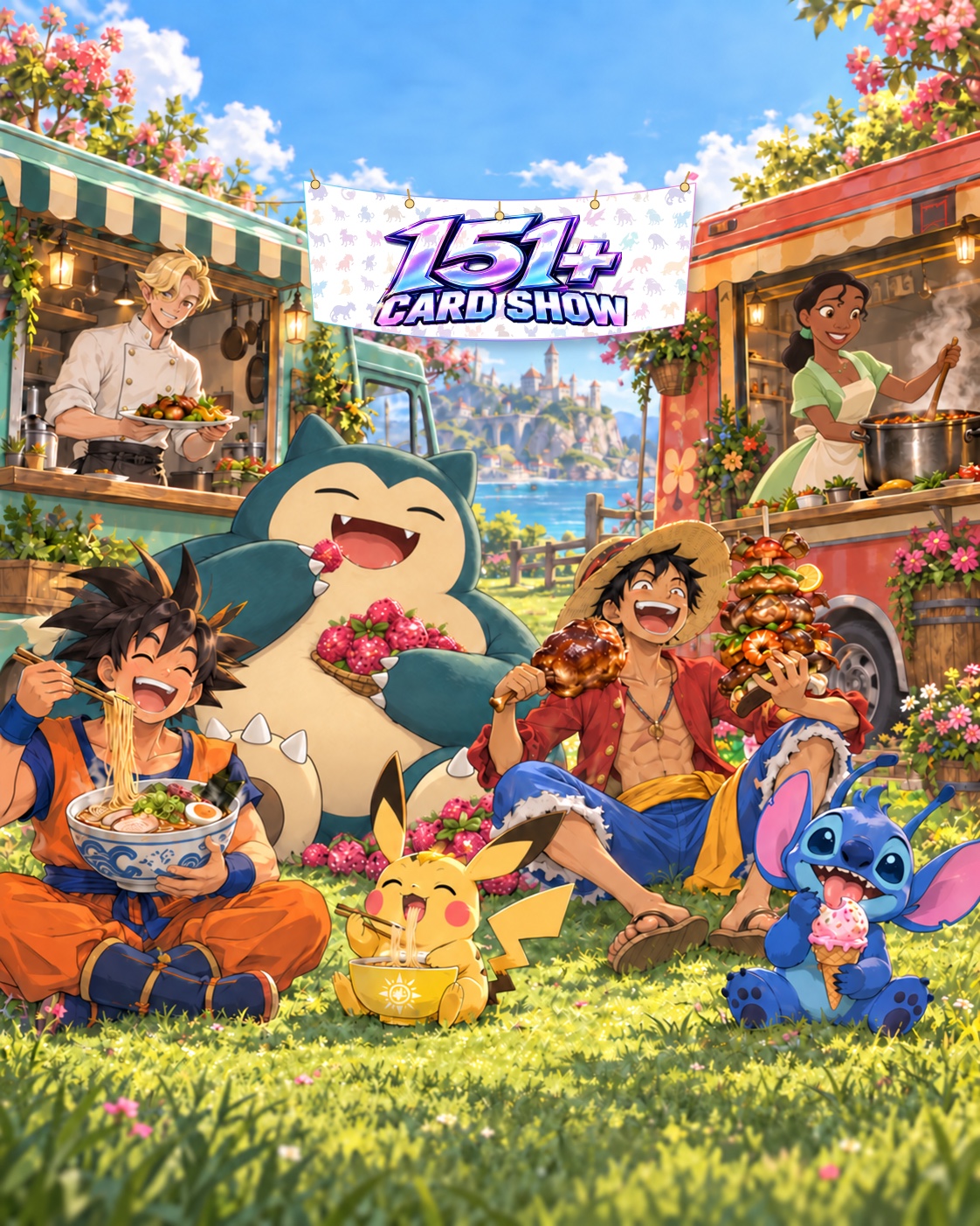 Friends enjoy food together between two colorful food trucks beneath a 151 Plus Card Show banner