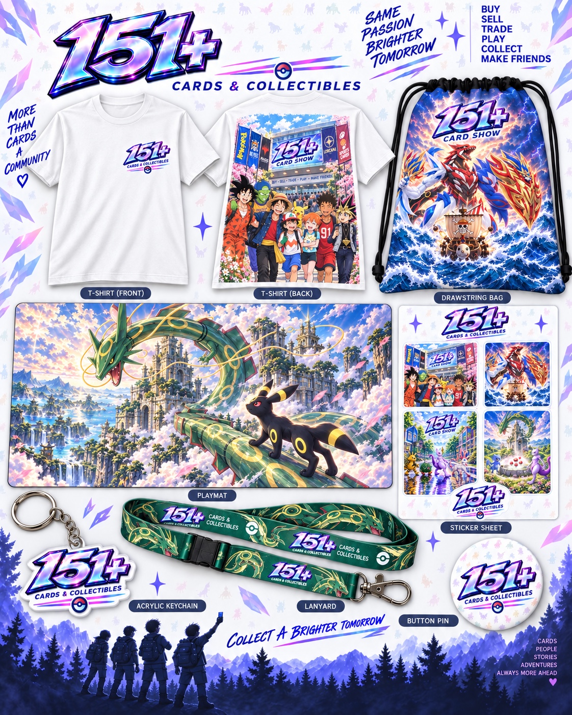 151 Plus merchandise concept board with shirts, tote, backpack, playmat, lanyard and accessories