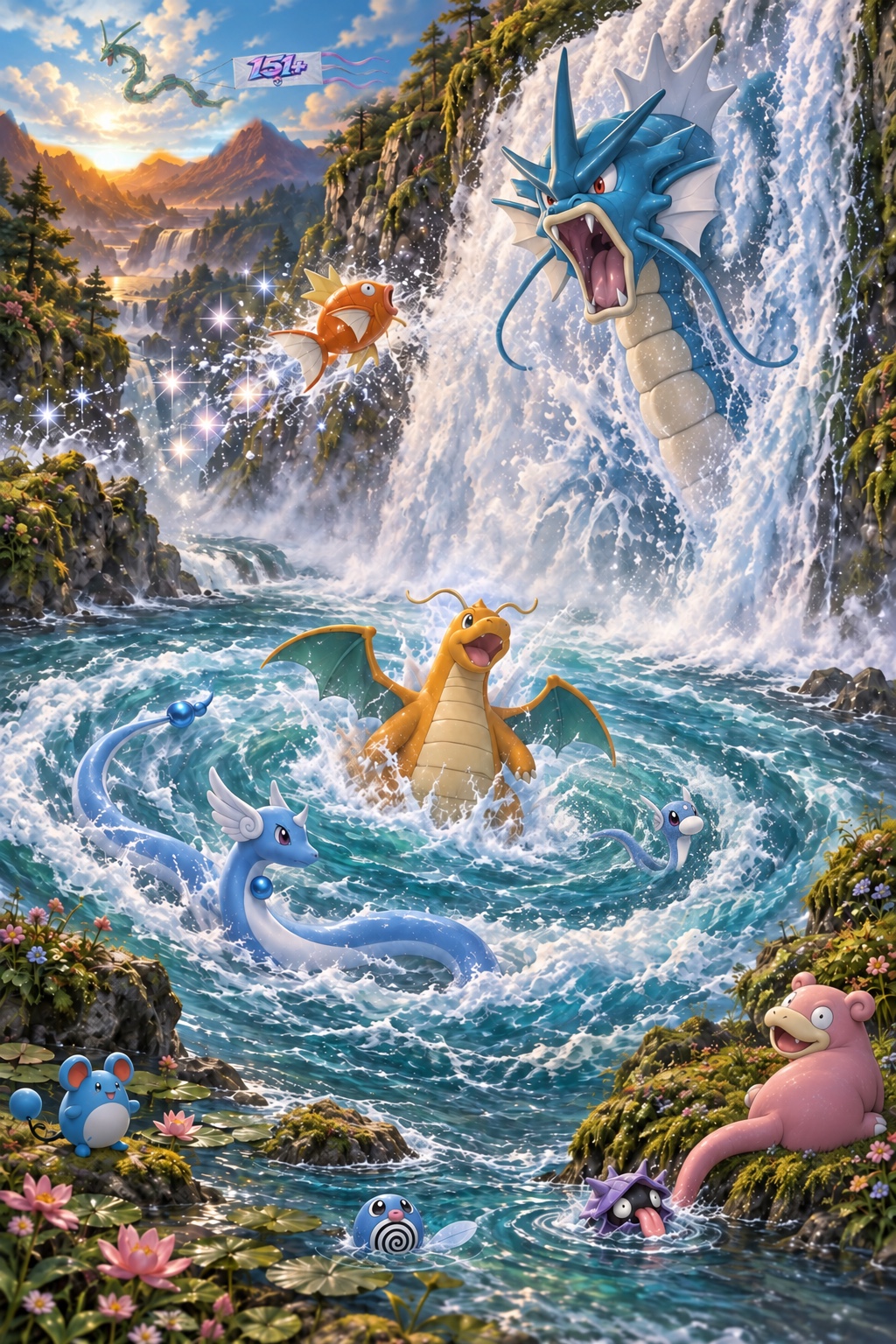 Colorful creatures gather at a cascading waterfall beneath a green dragon