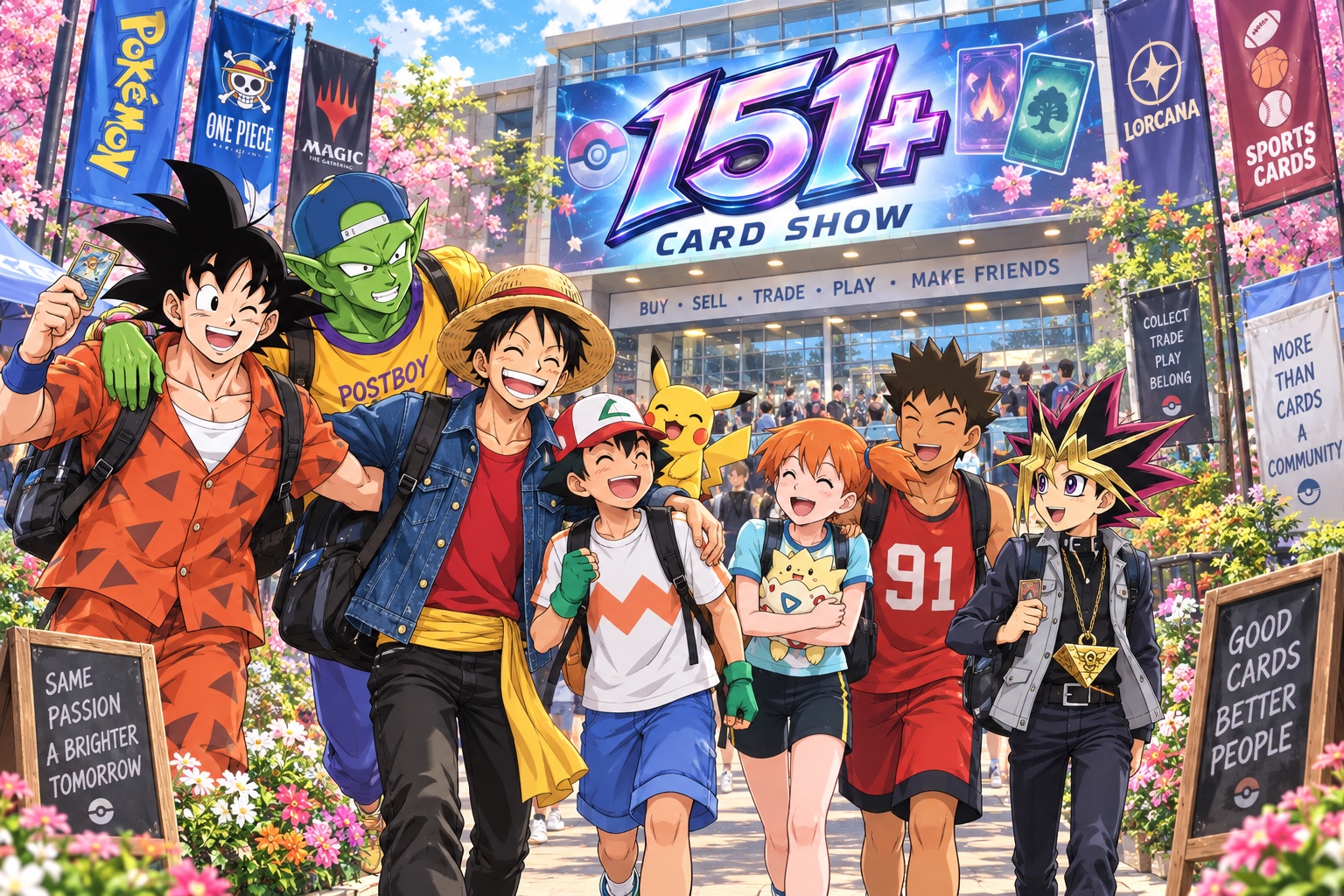 A colorful group of friends walks toward the 151 Plus Card Show entrance